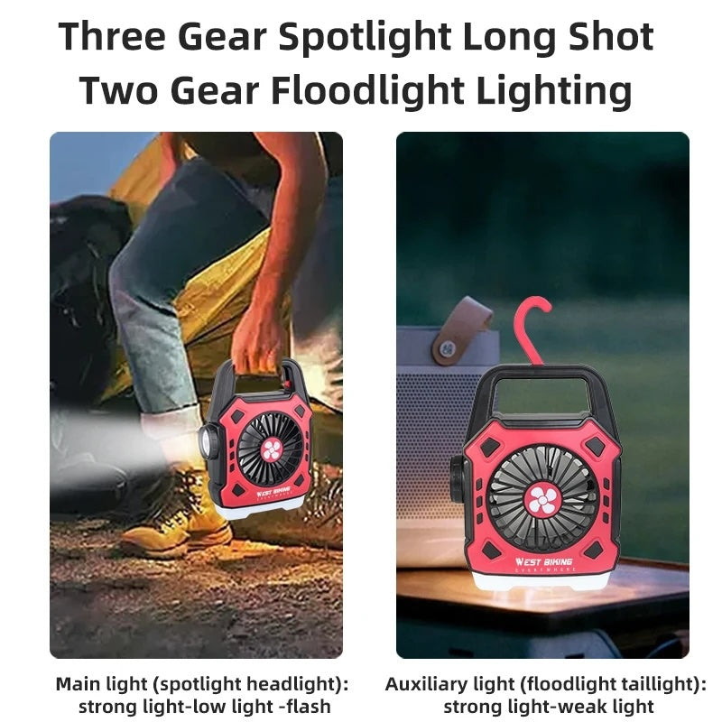 Multipurpose Rechargeable Desk & Camping Fan with LED Light, Flashlight & Power Bank – For Home, Travel & Outdoor Use | Random Color